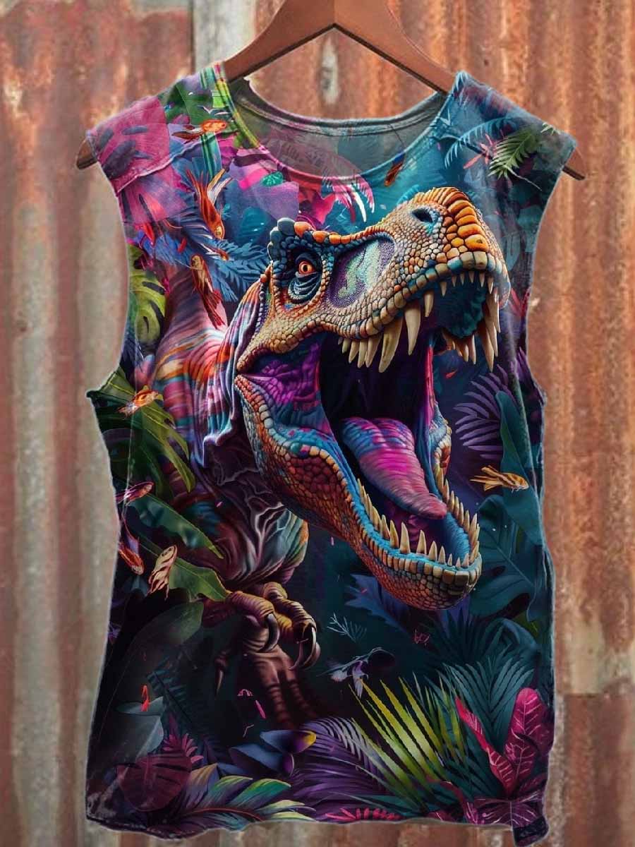 Vintage Jurassic World Graffiti Print Casual Cotton Tank Top