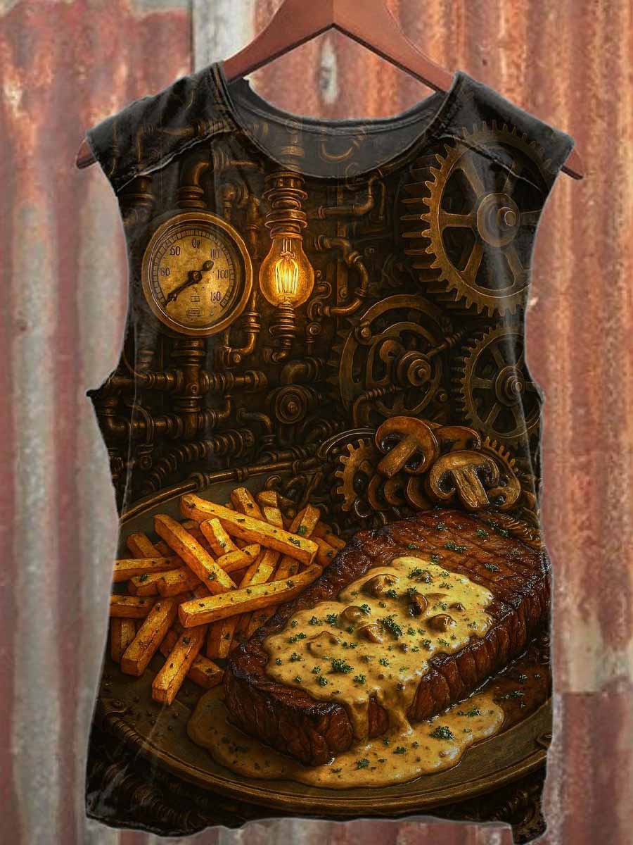 Retro Steam World Printed Casual Cotton Tank Top