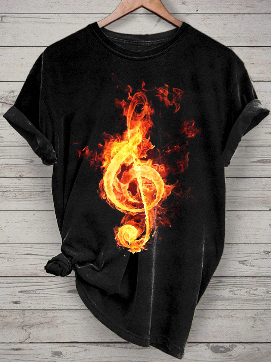 Unisex Flame Music Note Printed Vintage Fashion Loose Short Sleeve T-Shirt