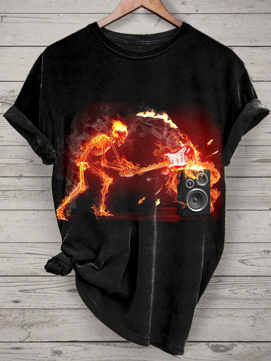 Unisex Flame Music Skull Printed Vintage Fashion Loose Short Sleeve T-Shirt