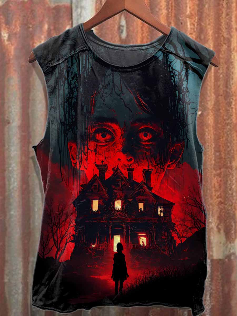 Retro Dark Haunted House Graffiti Print Cotton Loose Tank Top