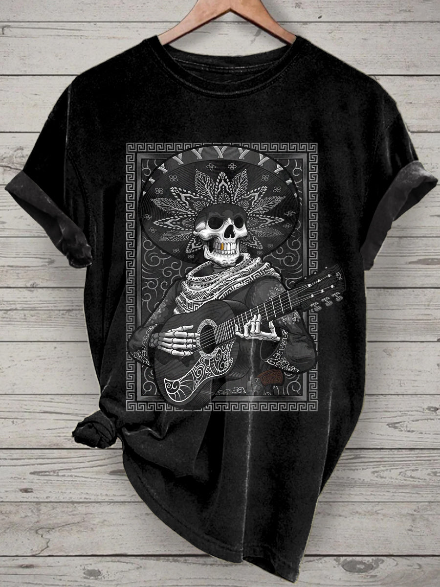 Unisex Music Skull Printed Vintage Fashion Loose Short Sleeve T-Shirt