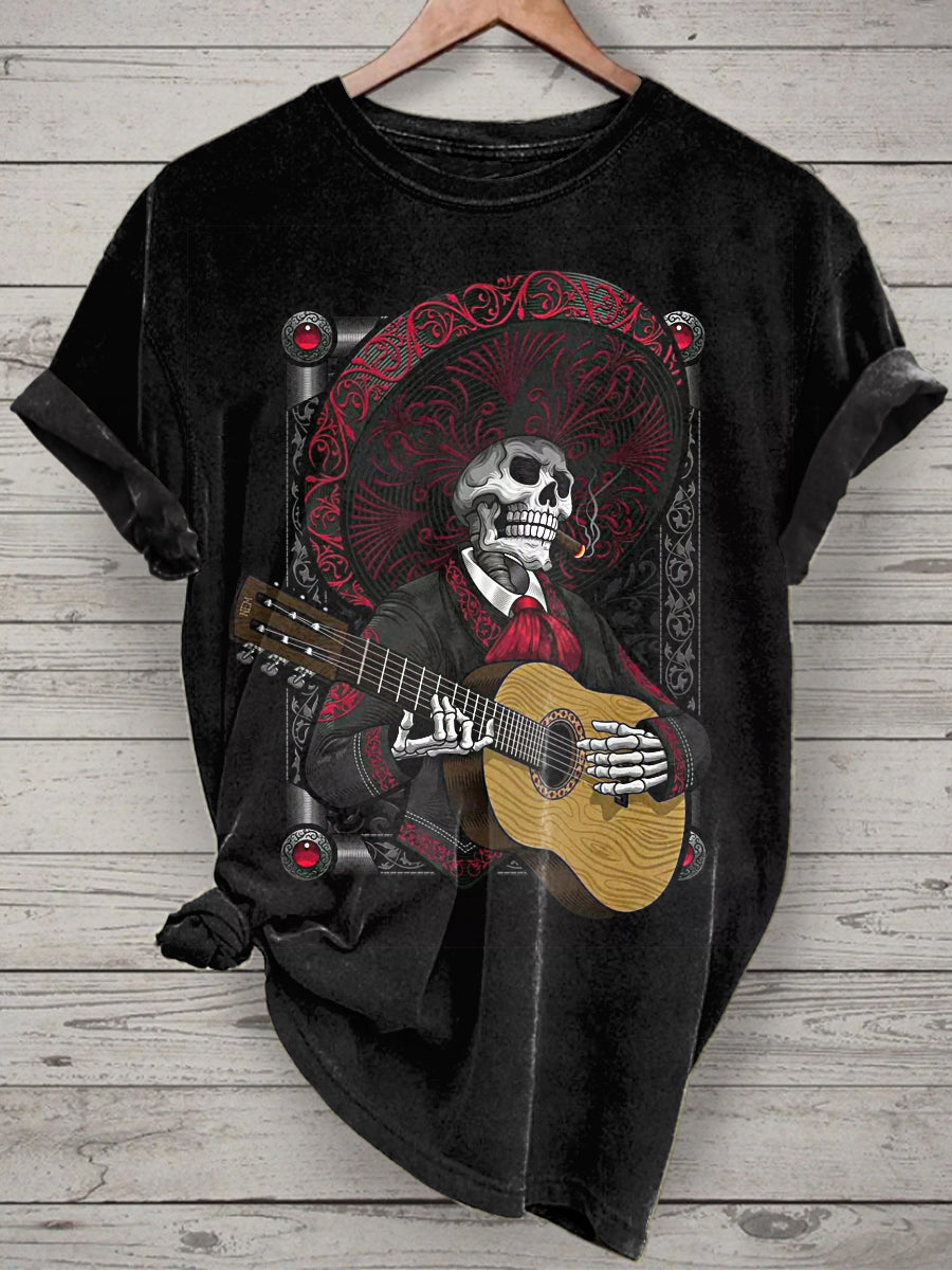 Unisex Music Skull Printed Vintage Fashion Loose Short Sleeve T-Shirt