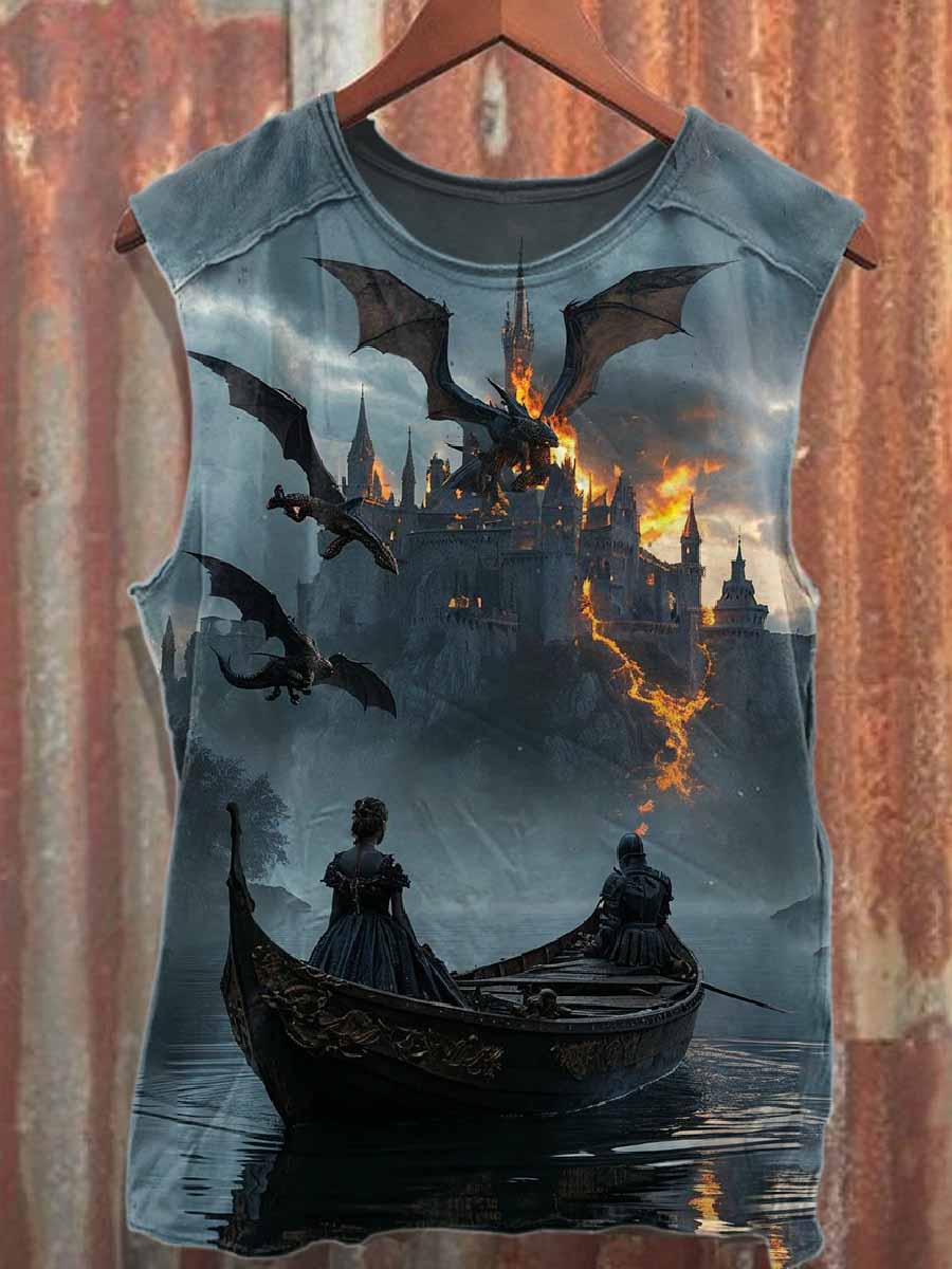 Retro Folk Legend Dragon Print Pure Cotton Loose Tank Top