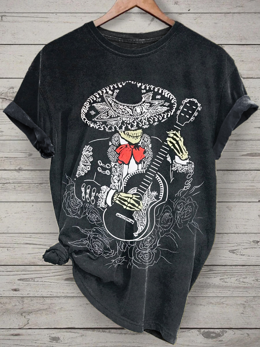 Unisex Music Skull Printed Vintage Fashion Loose Short Sleeve T-Shirt