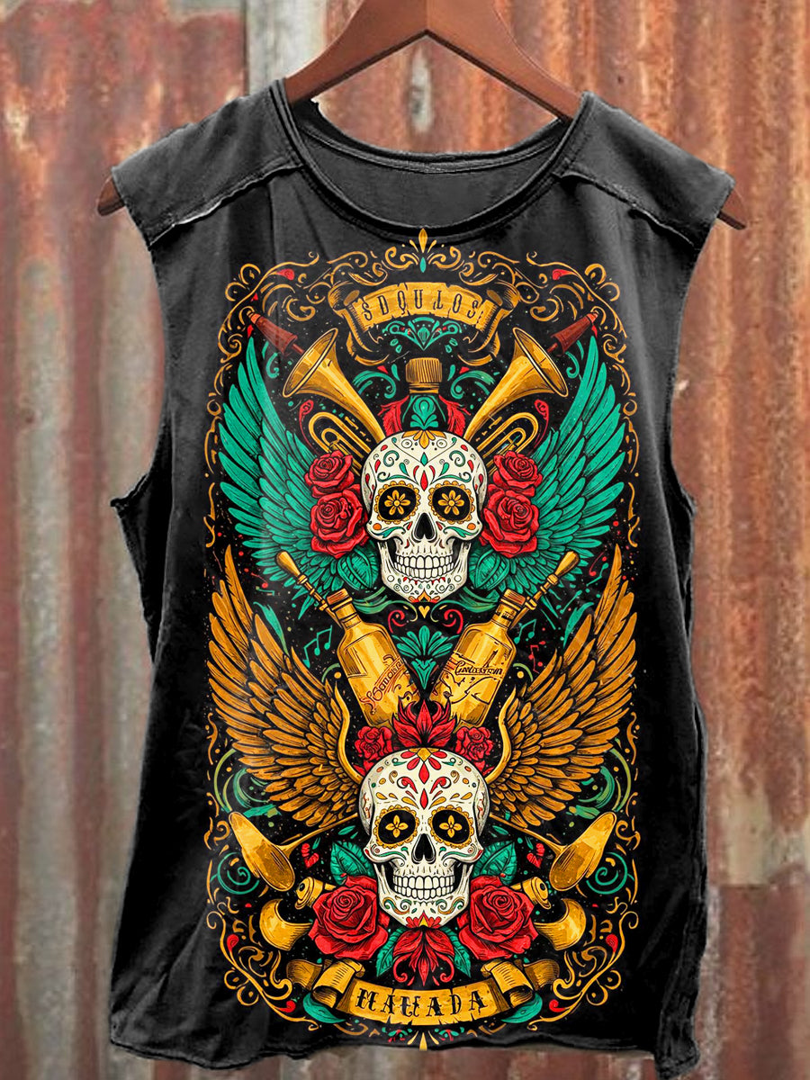 Men's Casual Day Of The Dead Skull Printed Tank Top