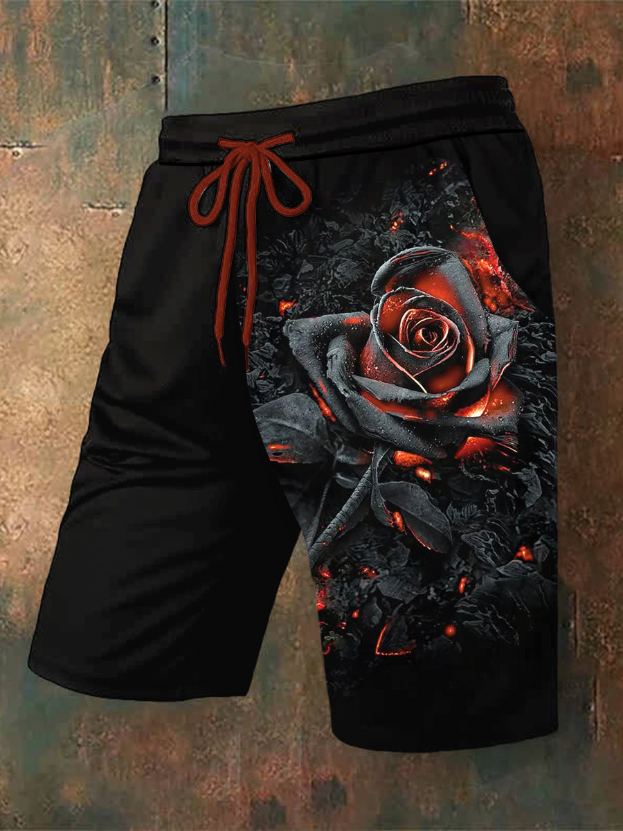 Men's Burning Flower Printed Drawstring Shorts