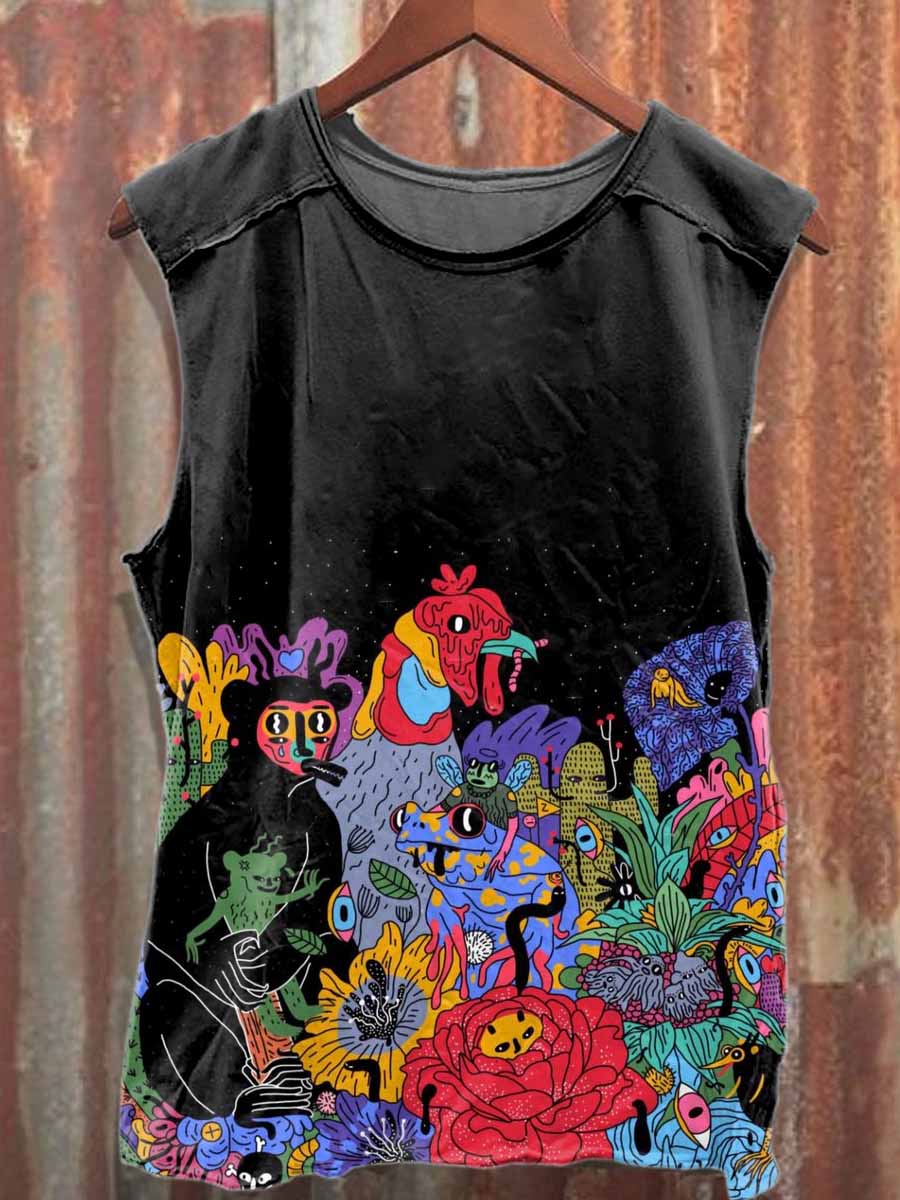 Retro Graffiti Printed Casual Cotton Tank Top