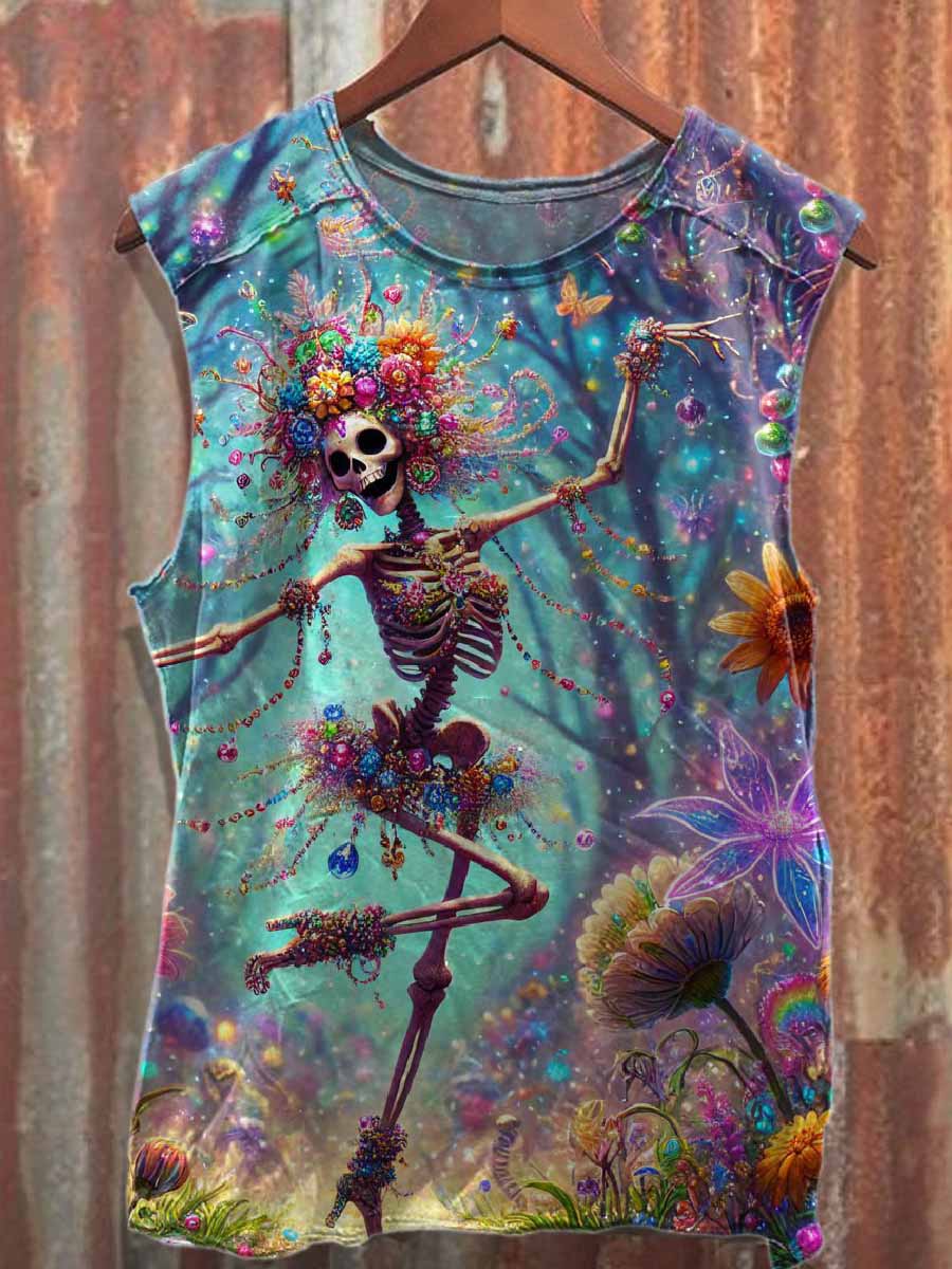 Retro Graffiti Skull Printed Casual Cotton Tank Top