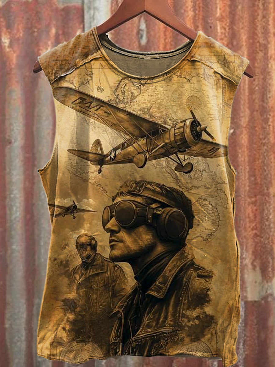 Men's Casual Retro Airplane Printed Tank Top