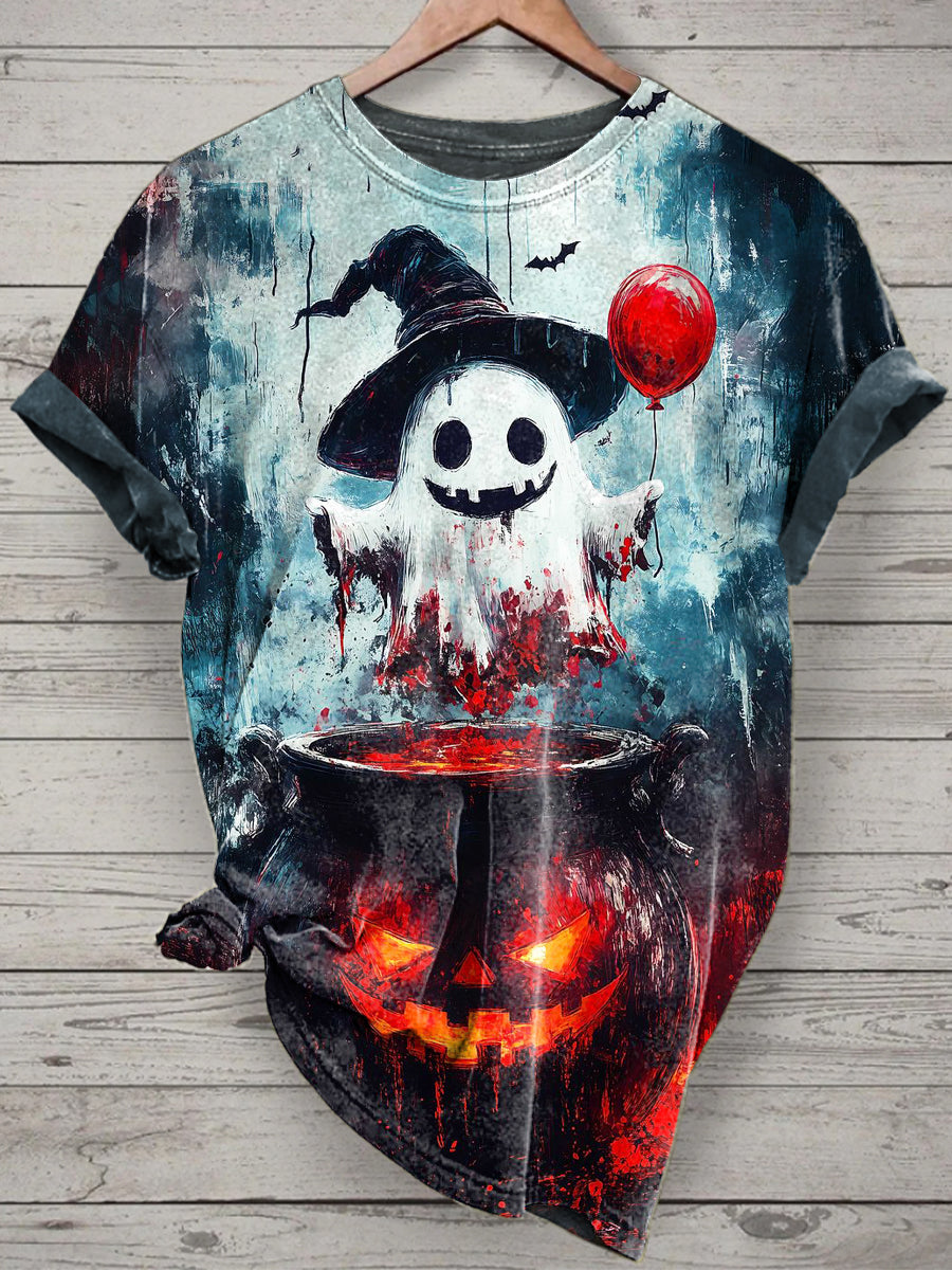 Unisex Halloween Cute Ghost Printed Vintage Fashion Loose Short Sleeve T-Shirt