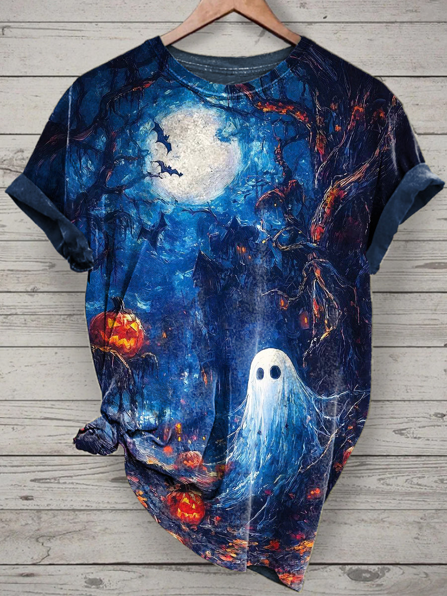 Unisex Halloween Cute Ghost Printed Vintage Fashion Loose Short Sleeve T-Shirt