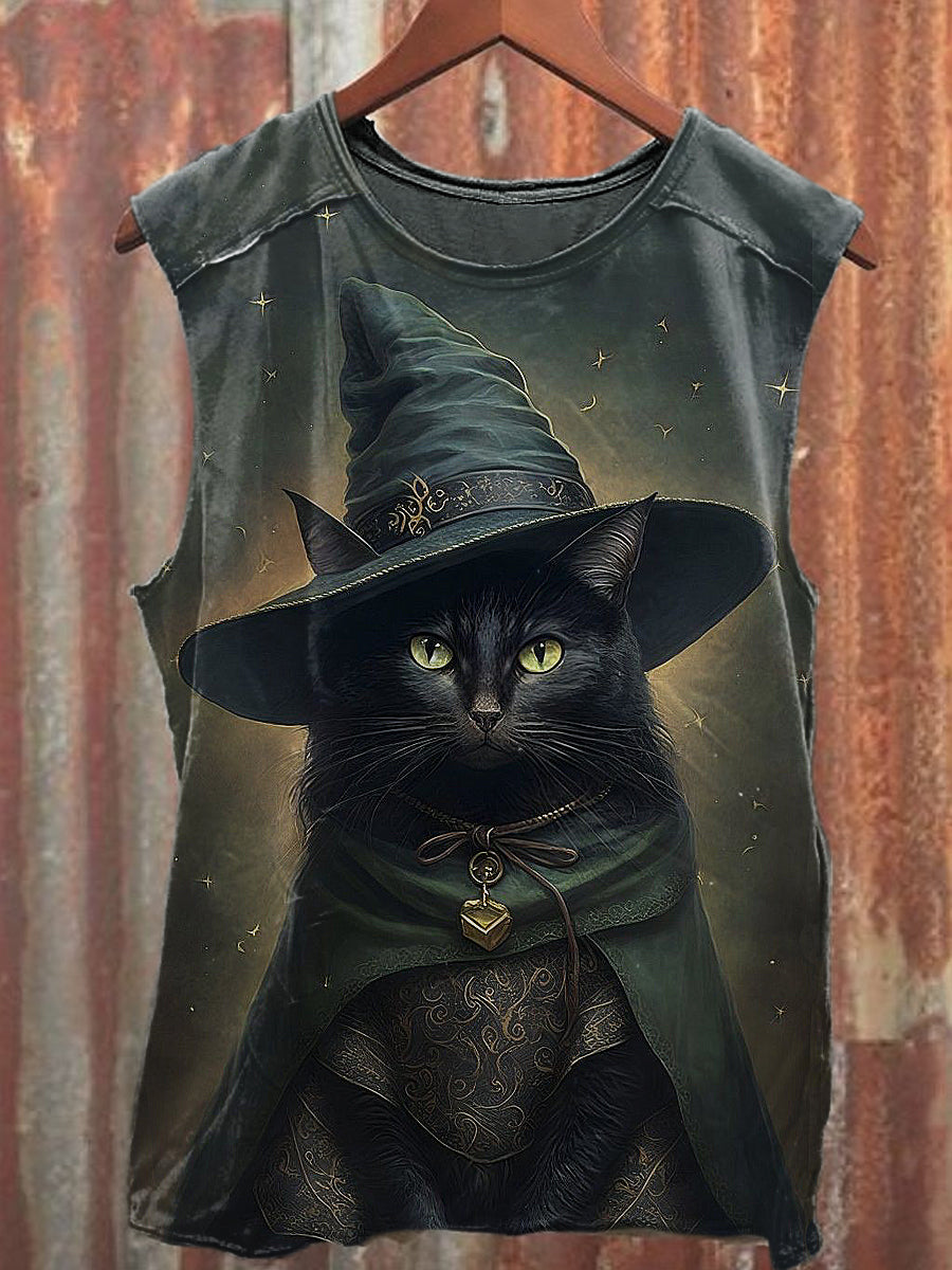 Men's Casual Wizard Cat Printed Tank Top