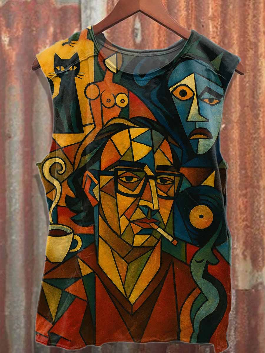 Retro Graffiti Abstract Geometric Print Cotton Tank Top