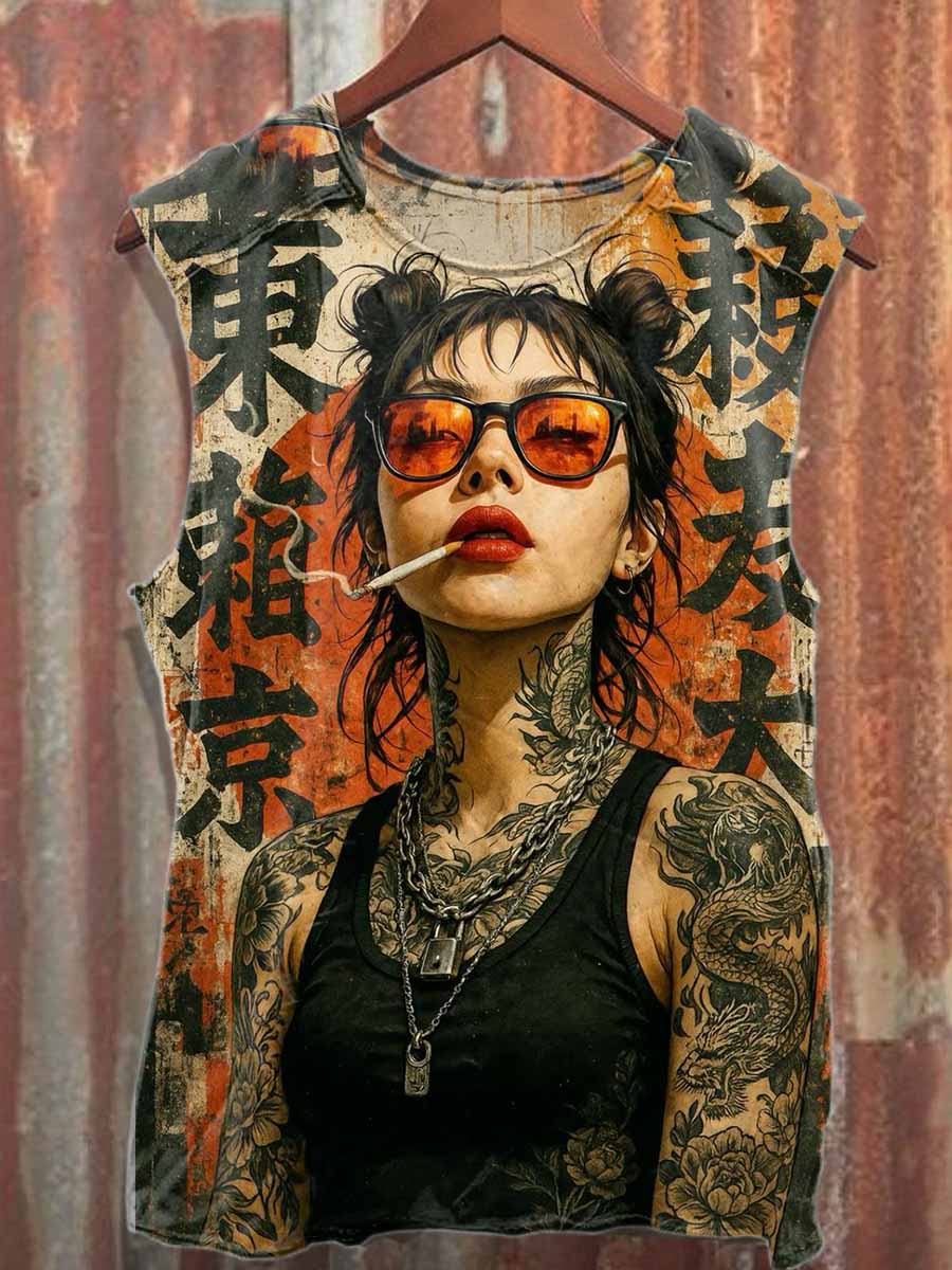 Retro Graffiti Print Casual Cotton Tank Top