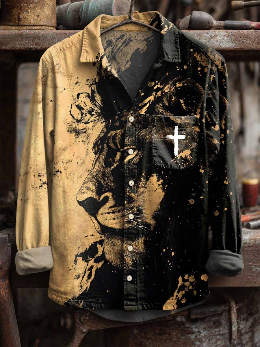 Men's Retro Cross Print Casual Long Sleeve Shirt