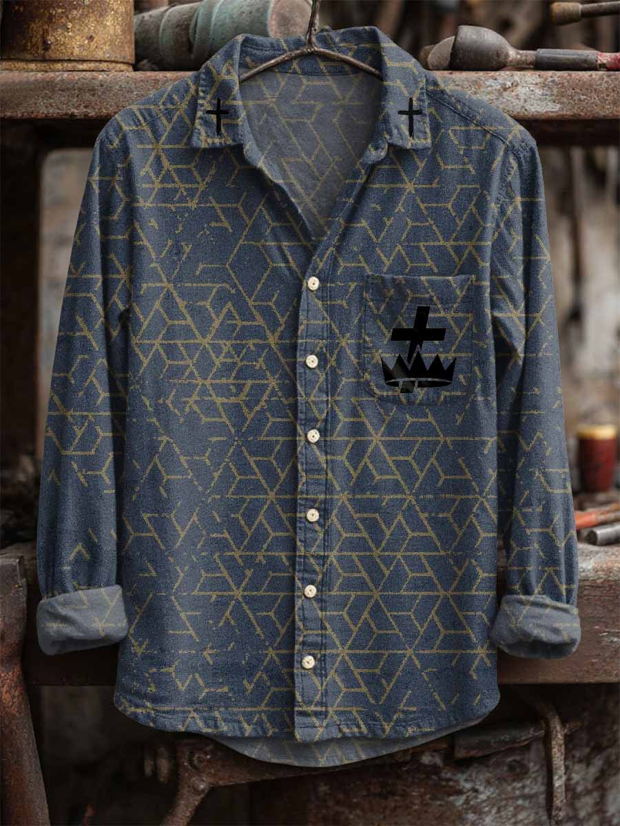 Men's Retro Cross Print Casual Long Sleeve Shirt