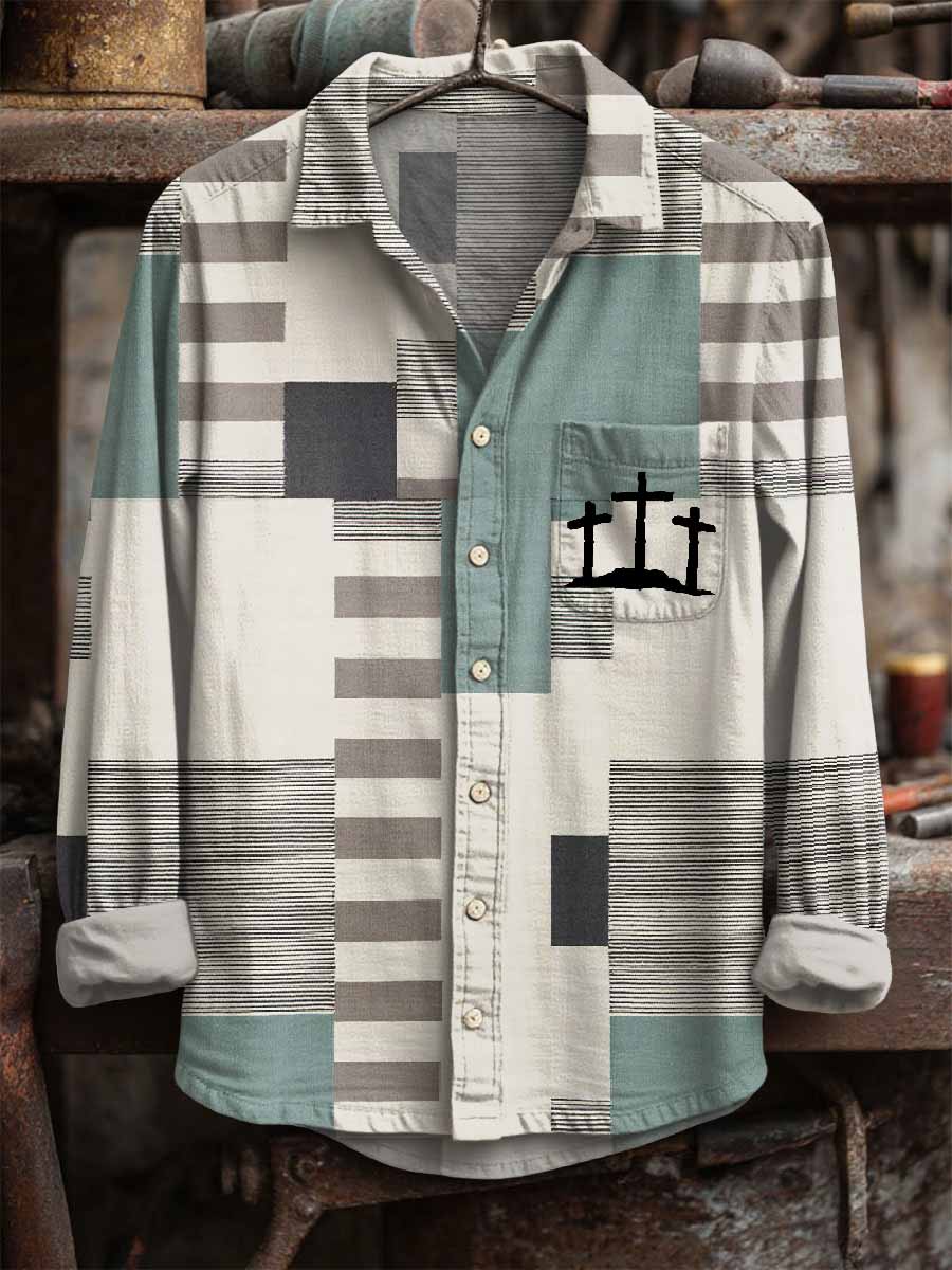 Men's Retro Cross Print Casual Long Sleeve Shirt