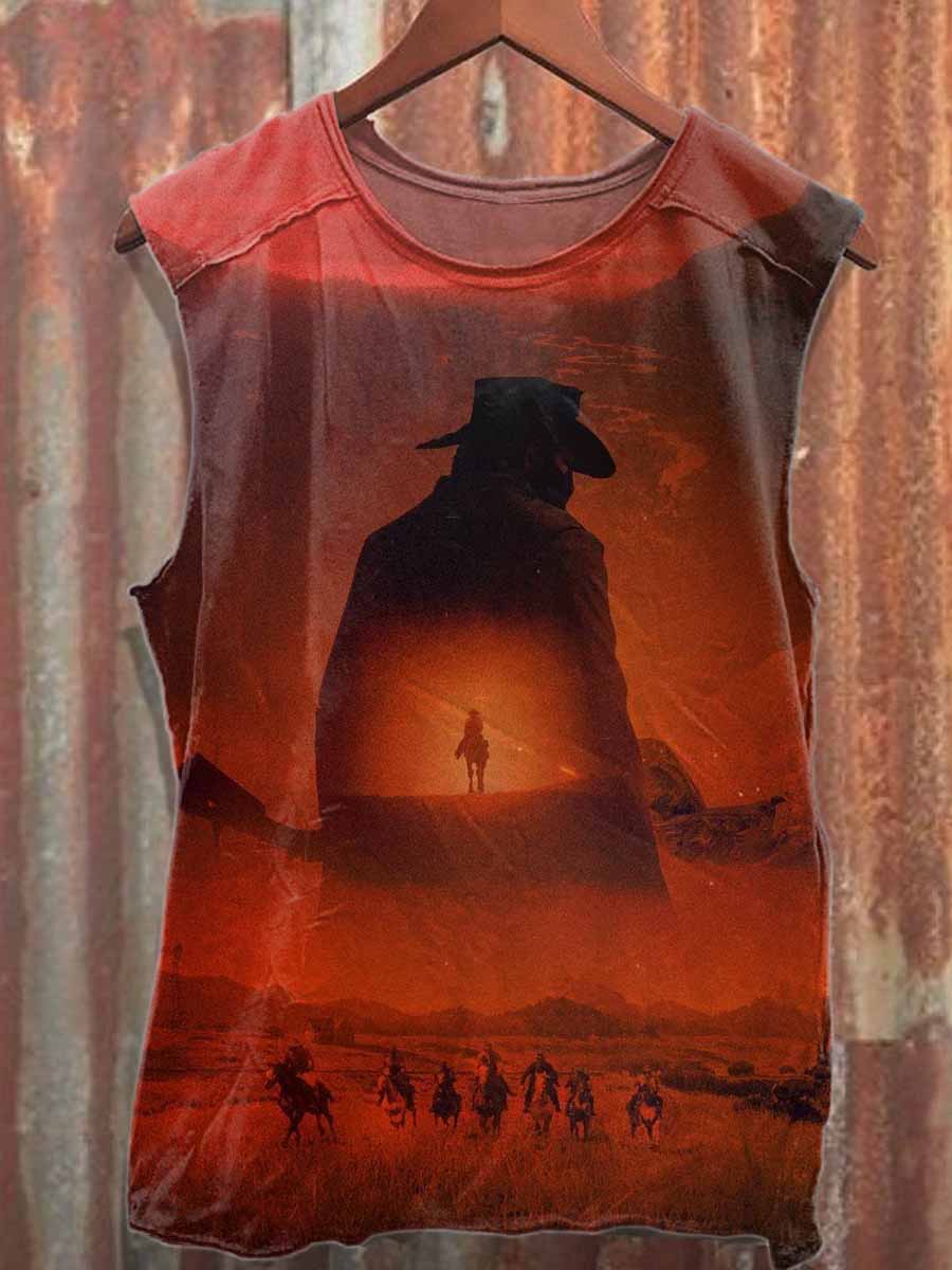 Retro Western Cowboy Print Casual Cotton Tank Top