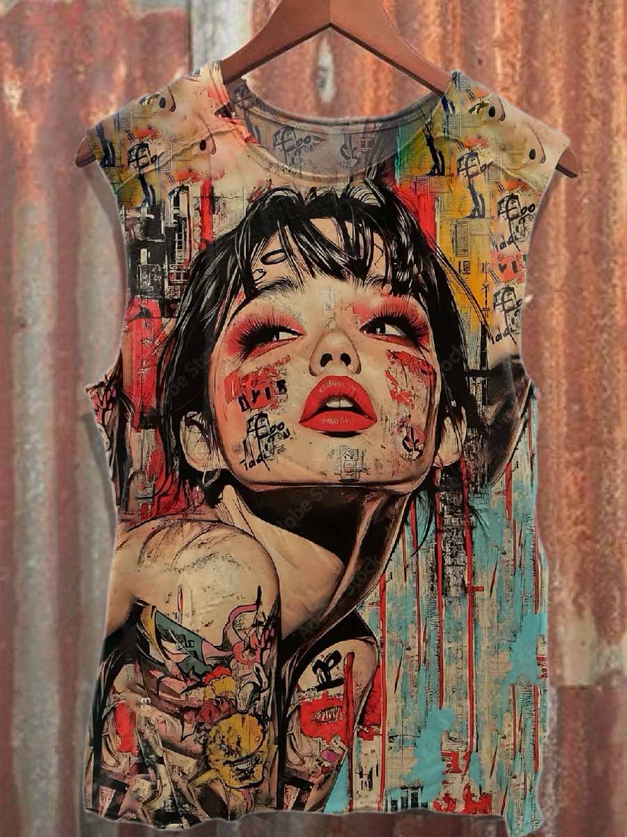 Retro Graffiti Print Casual Cotton Tank Top