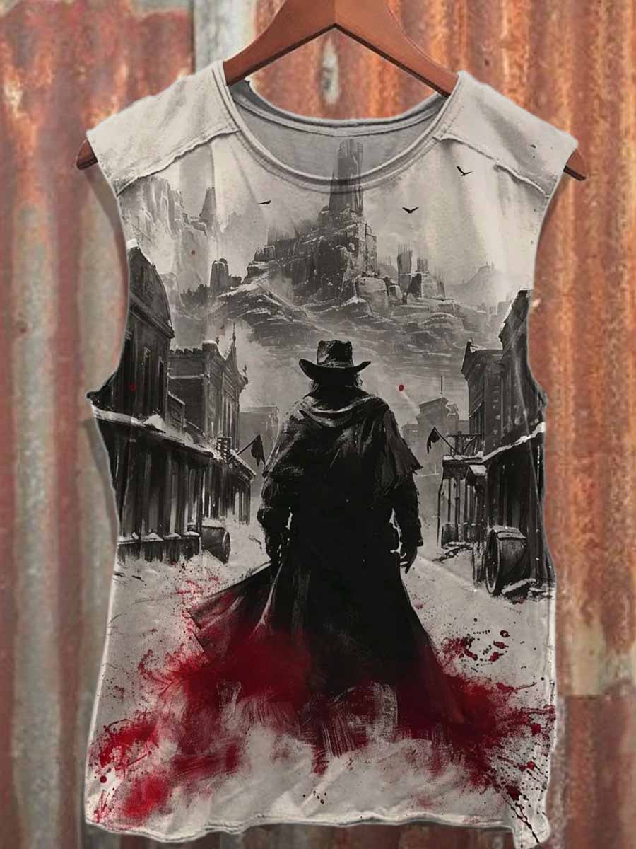 Retro Western Cowboy Print Casual Cotton Tank Top
