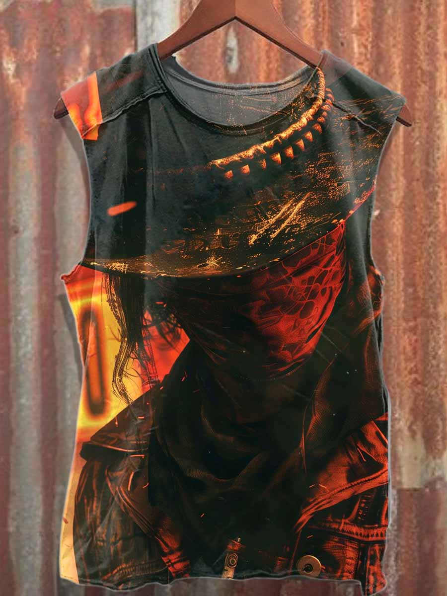Retro Western Cowboy Print Casual Cotton Tank Top