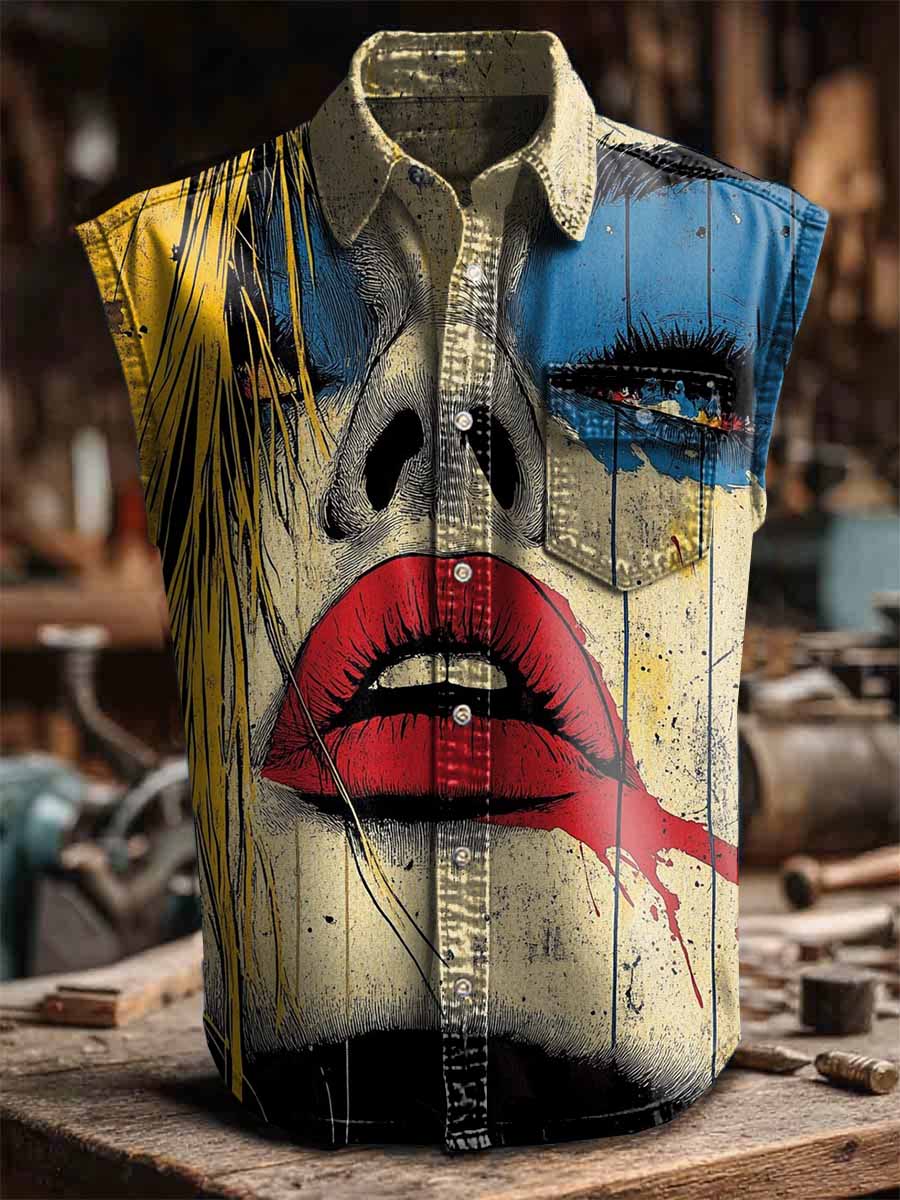 Pop Art Graffiti Print Casual Sleeveless Pocket Collar Shirt
