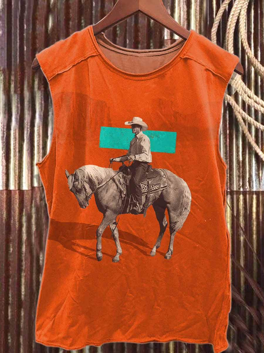 Vintage Western Cowboy Print Loose Cotton Tank Top