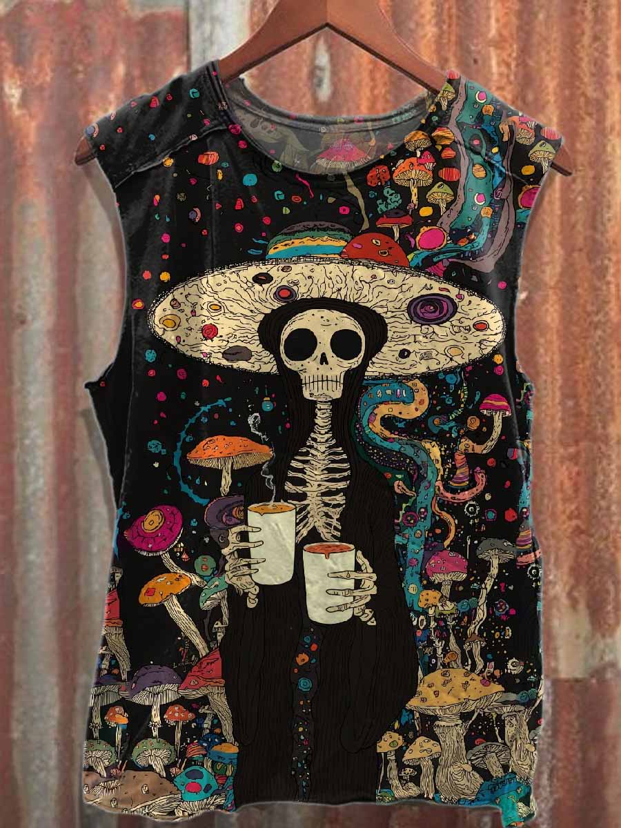Retro Undead Skull Print Loose Cotton Tank Top