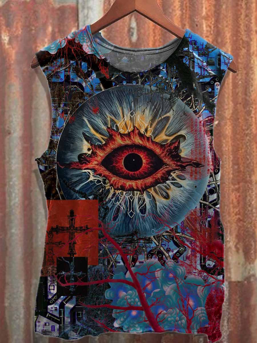 Retro Graffiti Print Loose Cotton Tank Top