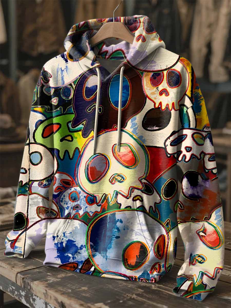 Retro Graffiti Skull Print Hooded Sweatshirt