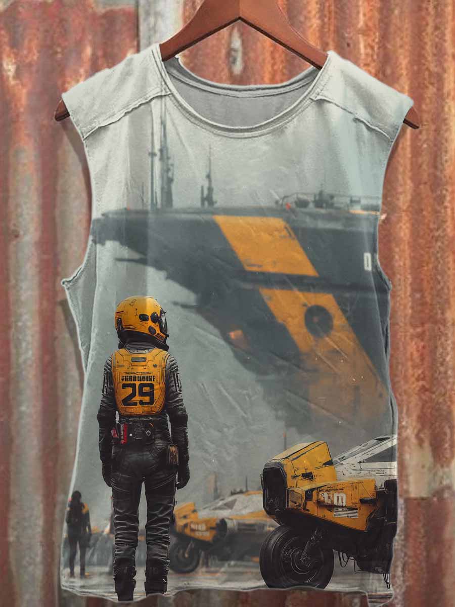 Future Technology Print Loose Cotton Tank Top