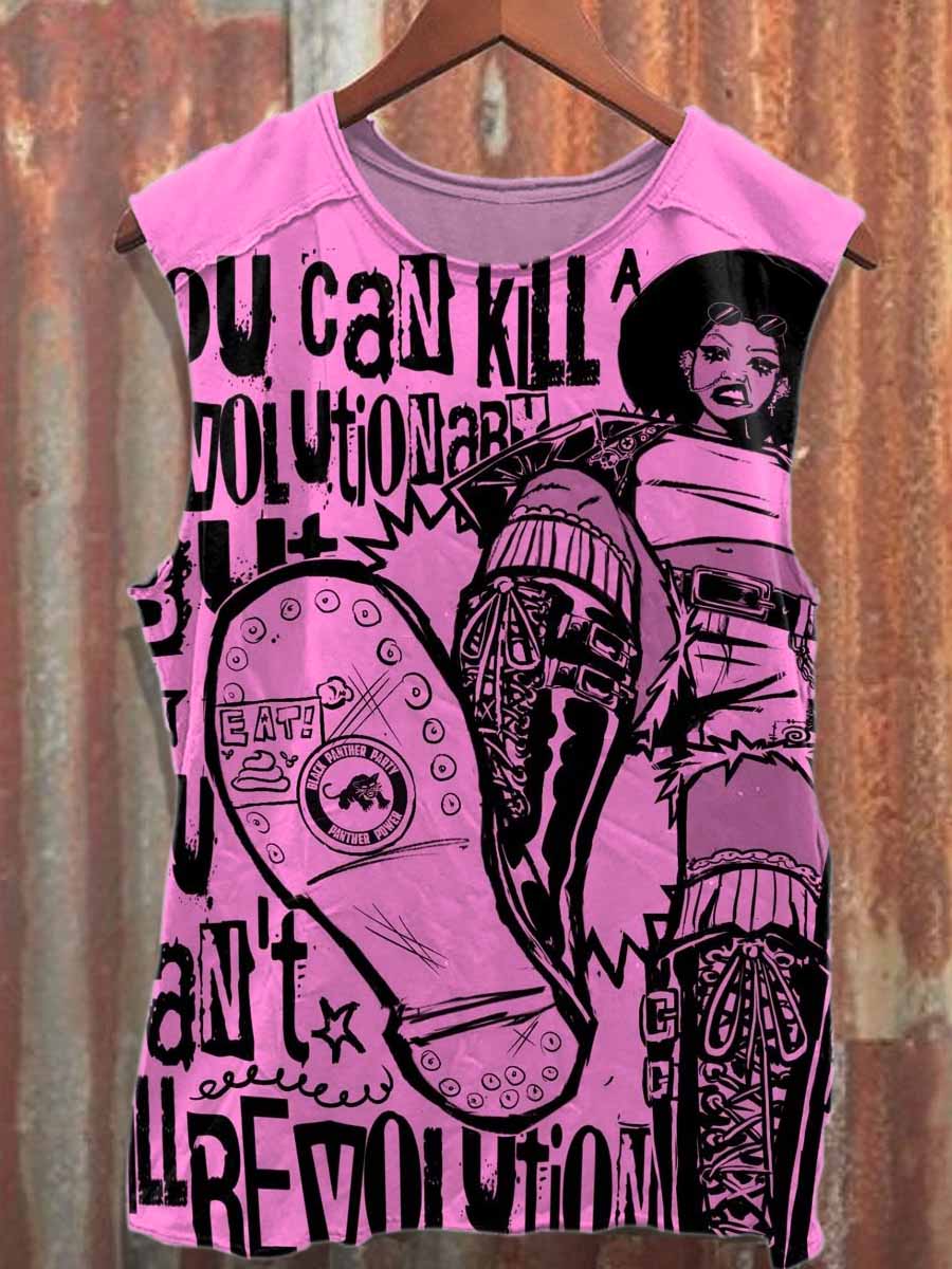 Retro Graffiti Print Casual Loose Cotton Tank Top