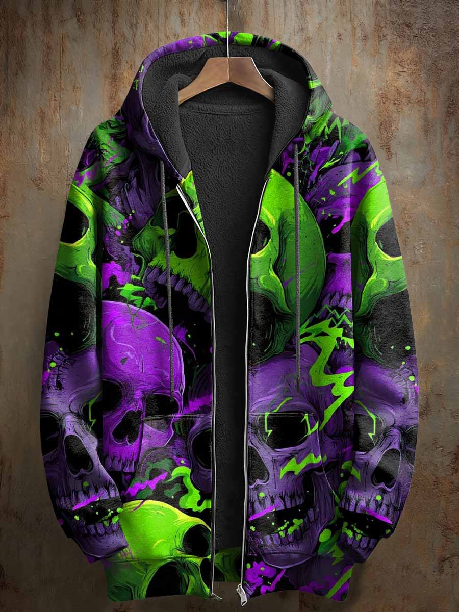 Retro Skull Art Pattern Casual Hooded Coat