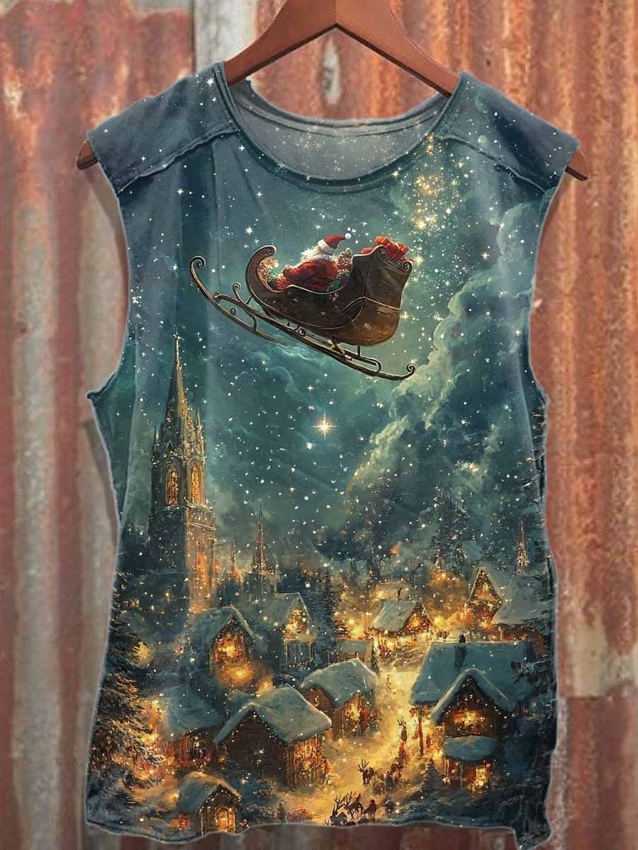 Vintage Christmas Graffiti Print Cotton Tank Top
