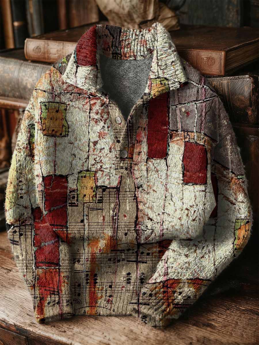 Vintage Patchwork Art Print Buttoned Stand Collar Sweater