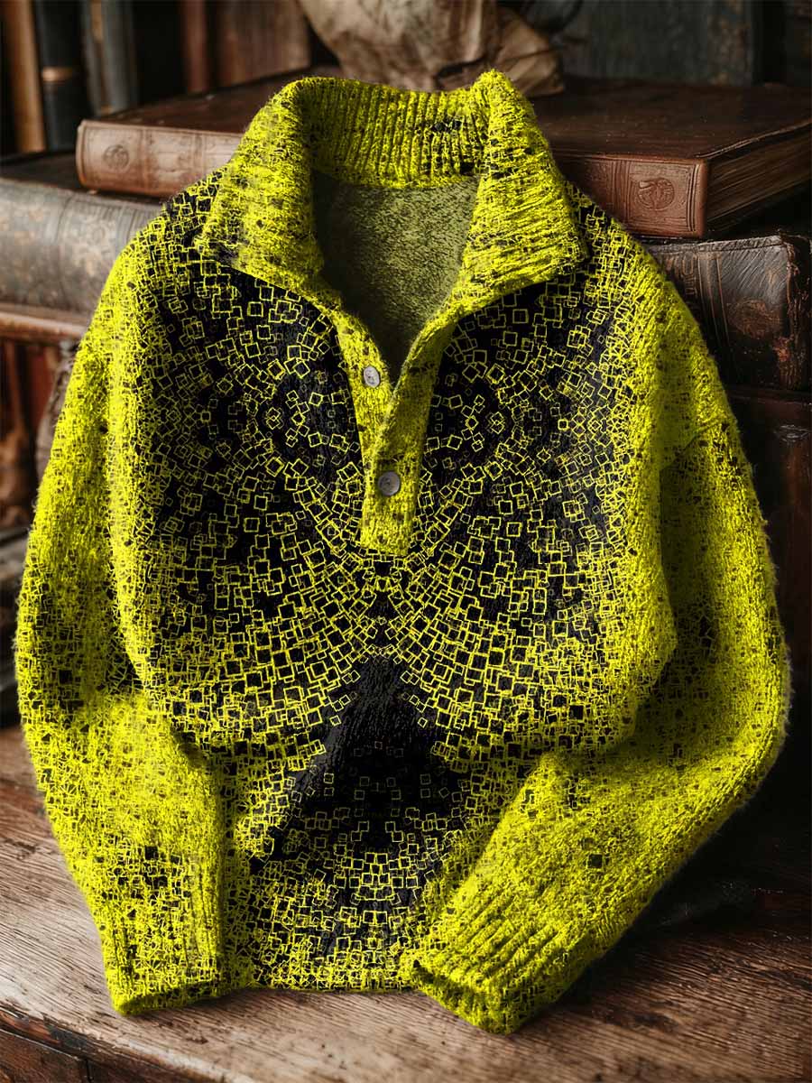 Retro Graffiti Art Printed Button-Up Stand Collar Sweater