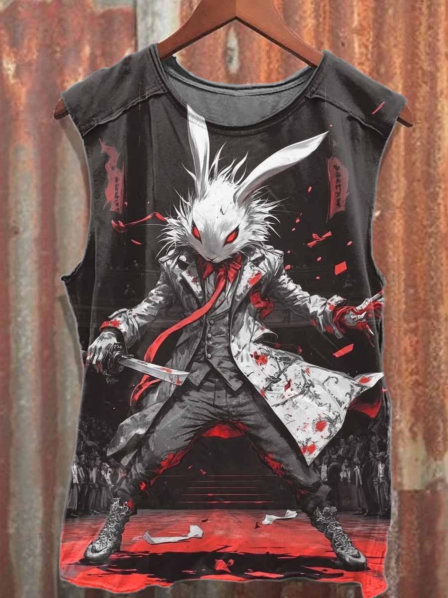 Retro Evil Bunny Illustration Printed Cotton Tank Top