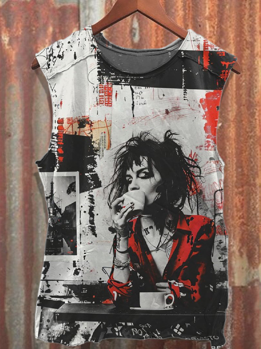 Retro Graffiti Art Style Printed Cotton Tank Top