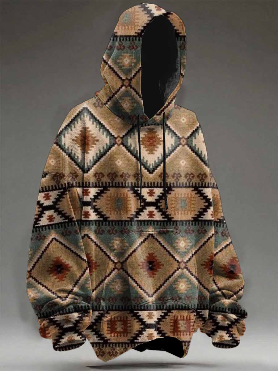 Retro Texture Pattern Printed Casual Hooded Sweatshirt