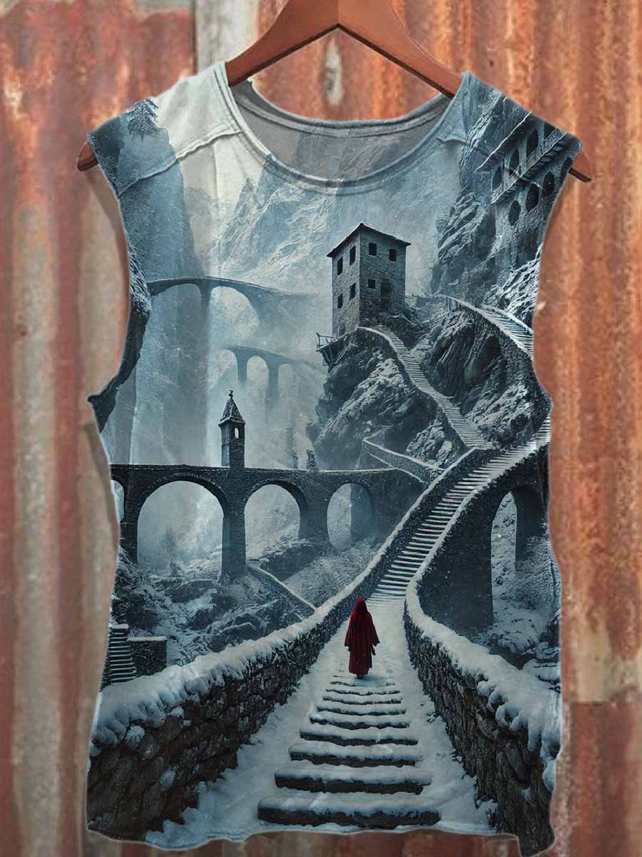 Retro Winter Castle Print Casual Cotton Tank Top