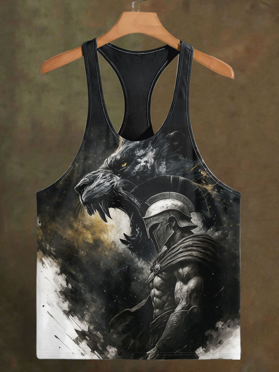 Men's Wolf and Knight Print Casual Cotton Tank Top