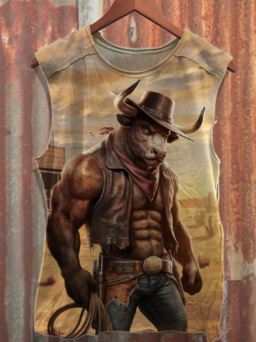 Retro Western Cattle Print Cotton Tank Top