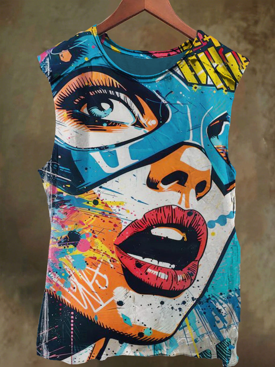 Unisex Colorful Graffiti Girl Print Casual Cotton Tank Top