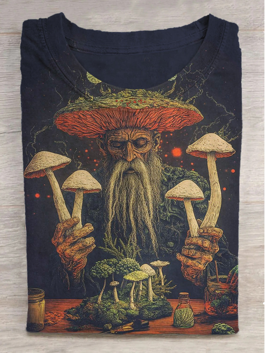 Fantasy Mushroom World Old Man Print Short Sleeve T-Shirt