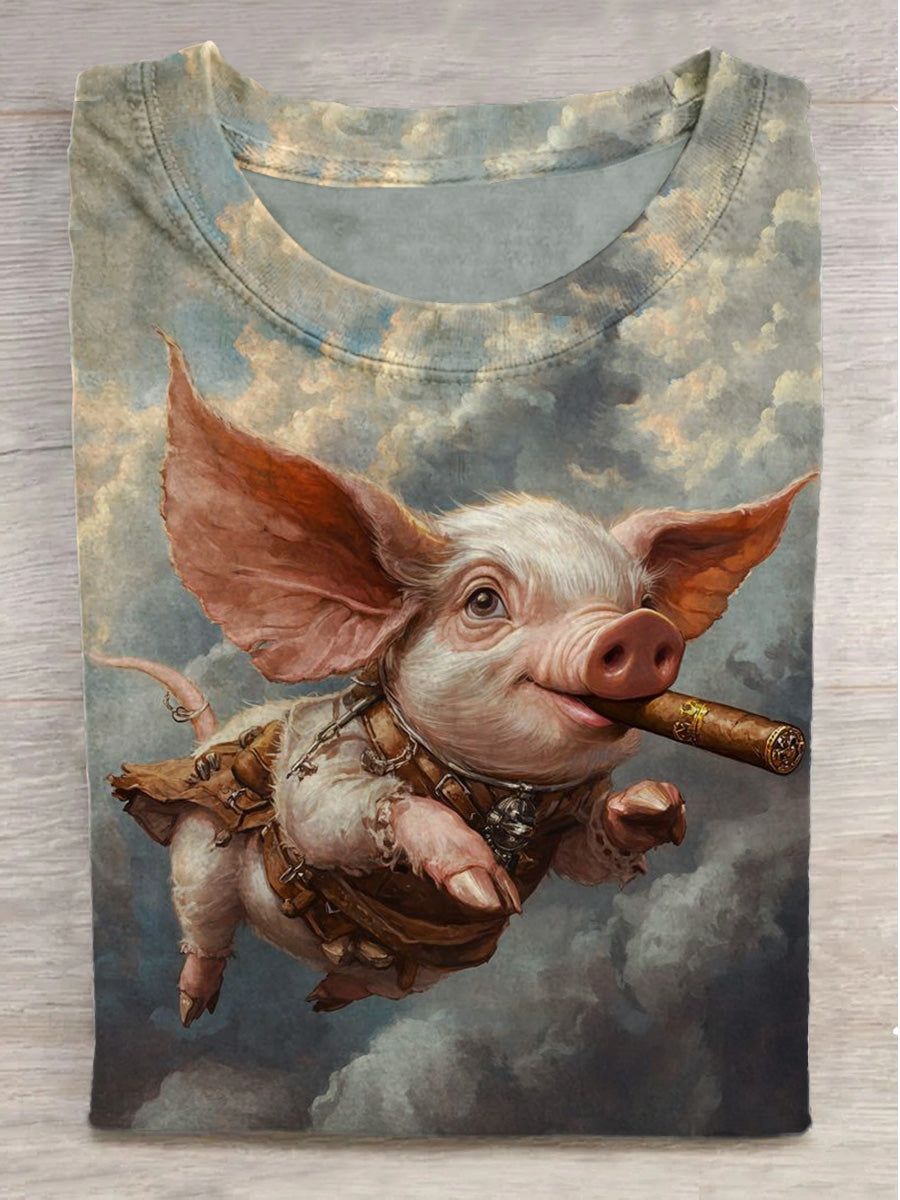 Art Flying Boar Print Round Neck Short Sleeve T-Shirt