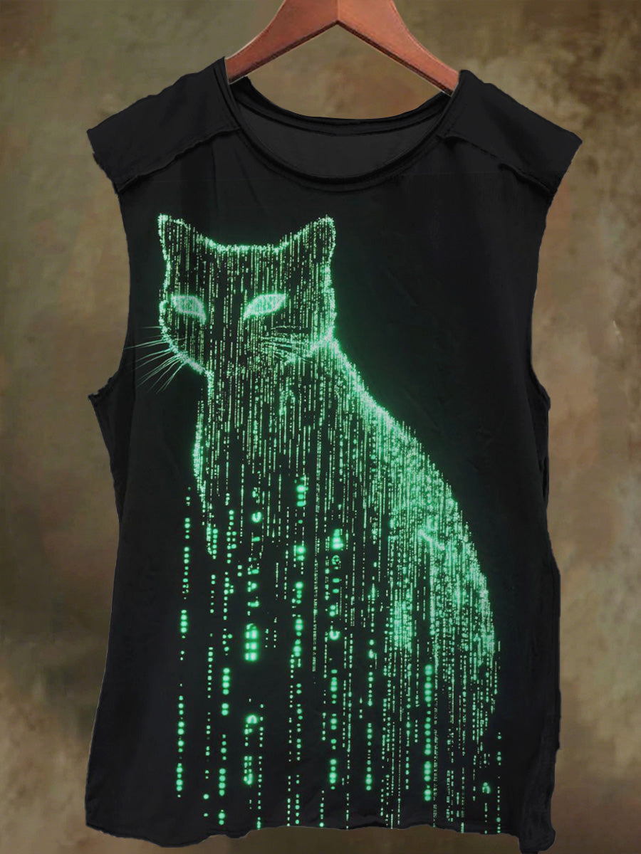 Neutral Dreamy Fluorescent Cat Print Casual Cotton Vest