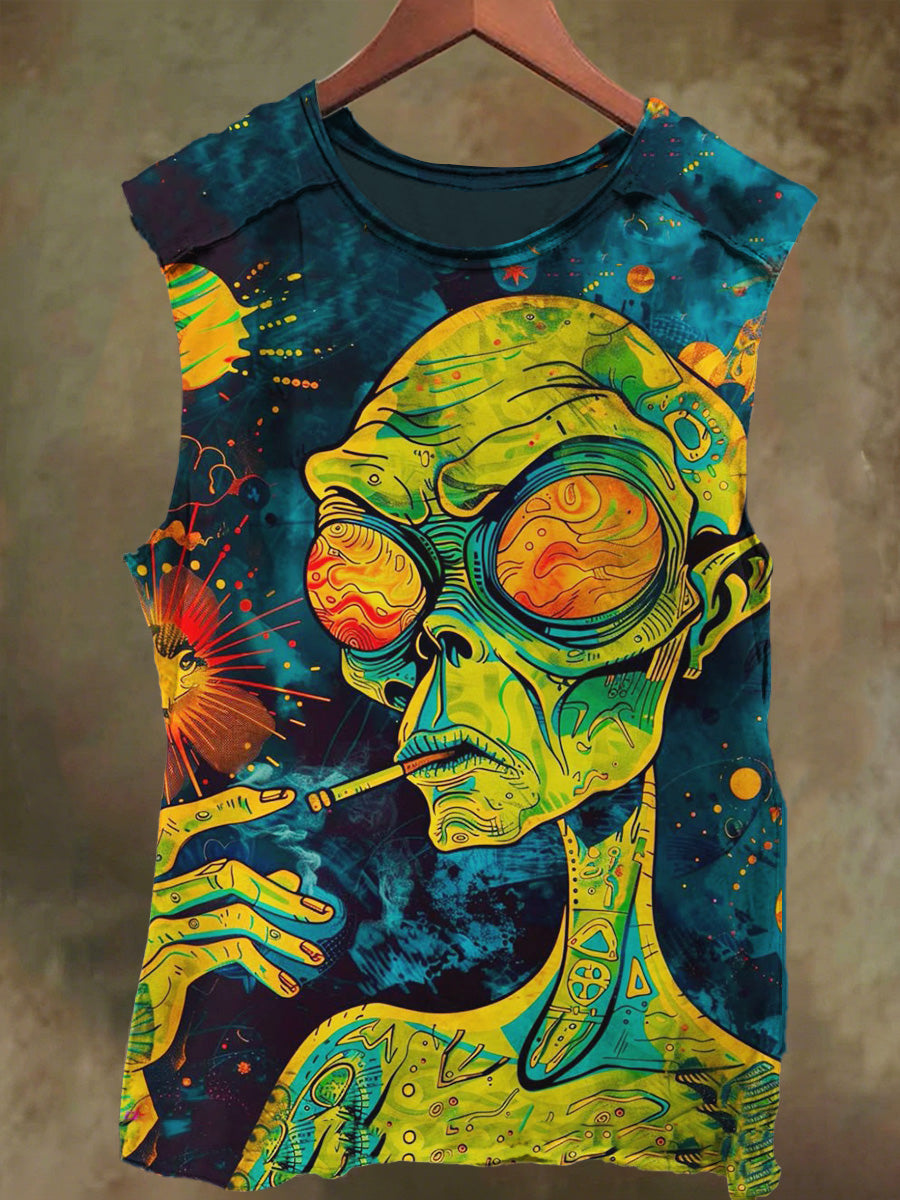 Fantasy Alien Smoking Art Print Casual Cotton Tank Top