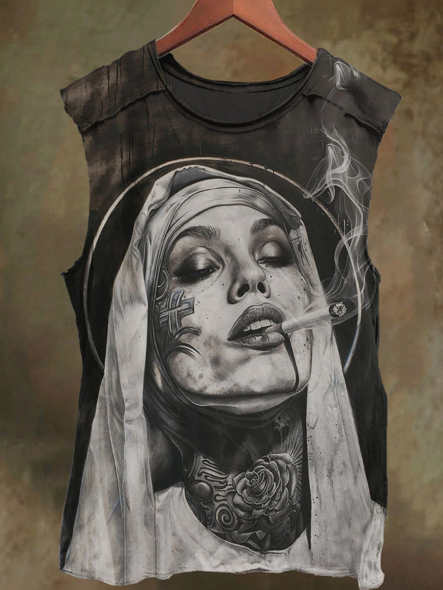Unisex Crucifix Nun Smoking Print Casual Cotton Tank Top