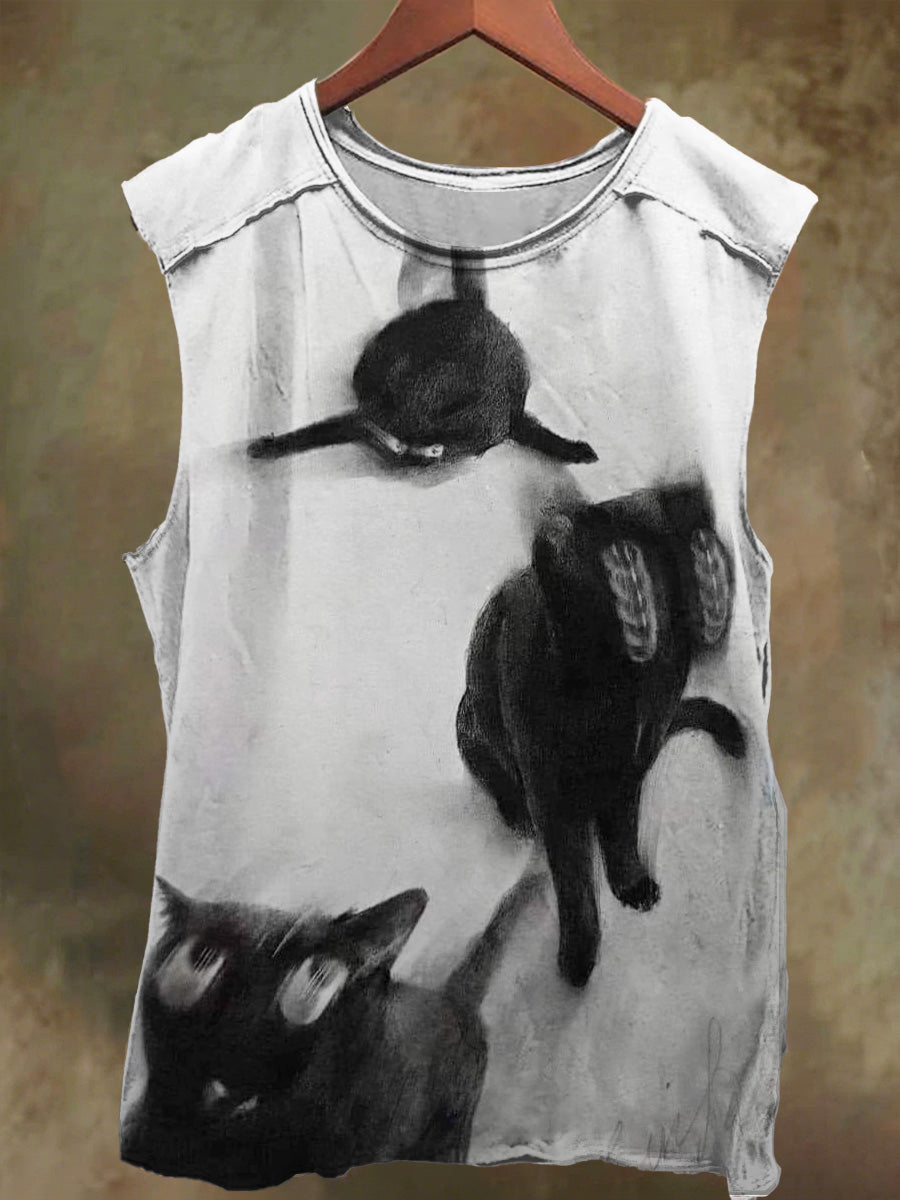 Unisex Fantasy Black Cat Print Casual Cotton Tank Top